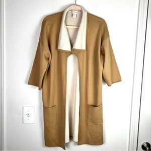 Chicos Long Cardigan Sweater women size chico 2/L Tan Pockets Stretch Wool Blend
